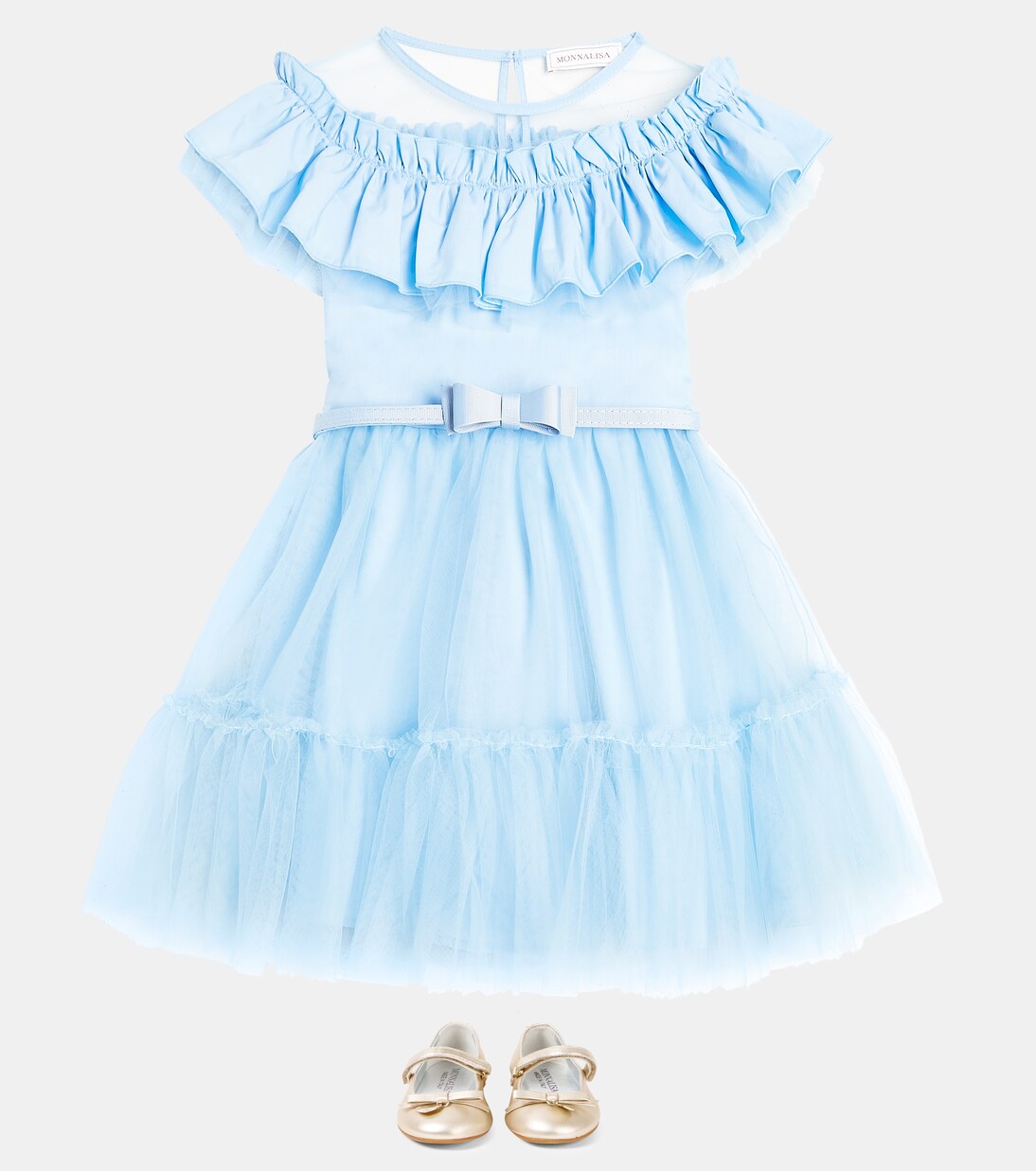 Ruffled bow-detail tulle dress | Monnalisa