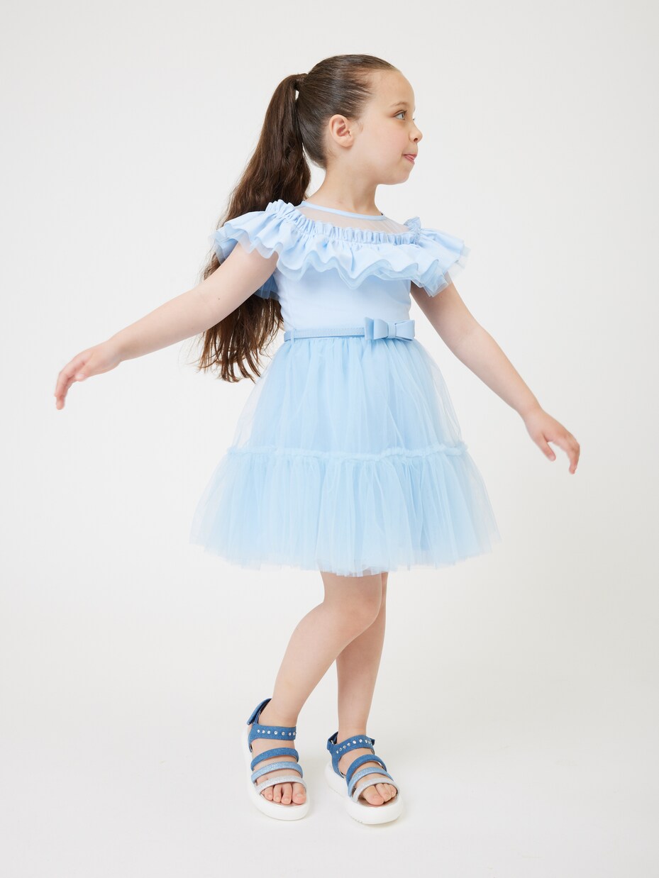 Ruffled bow-detail tulle dress | Monnalisa