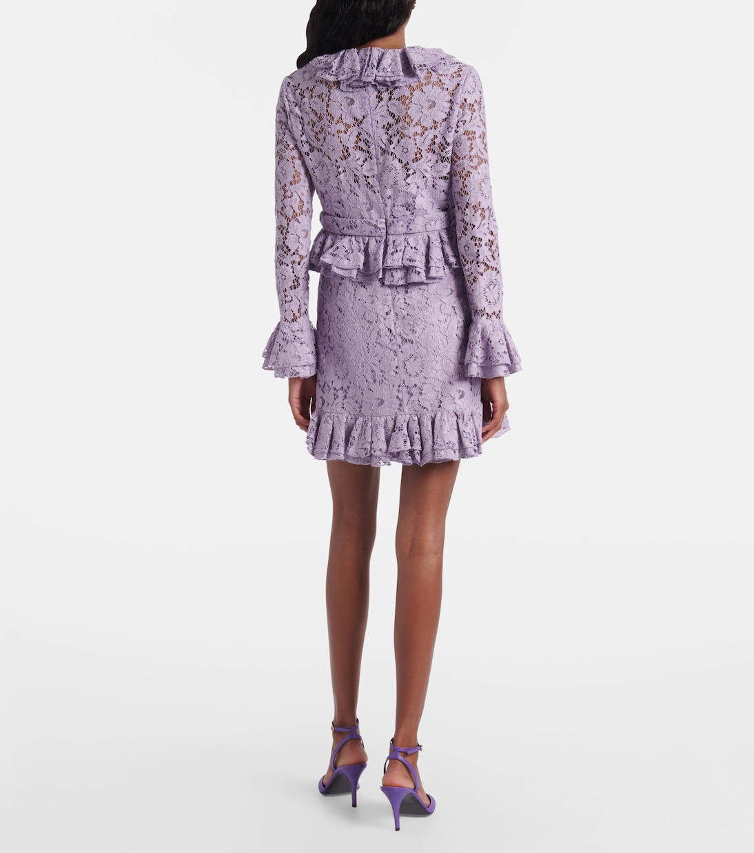 فستان قصير من الدانتيل بنقشة الورود مع كشكشة | Valentino