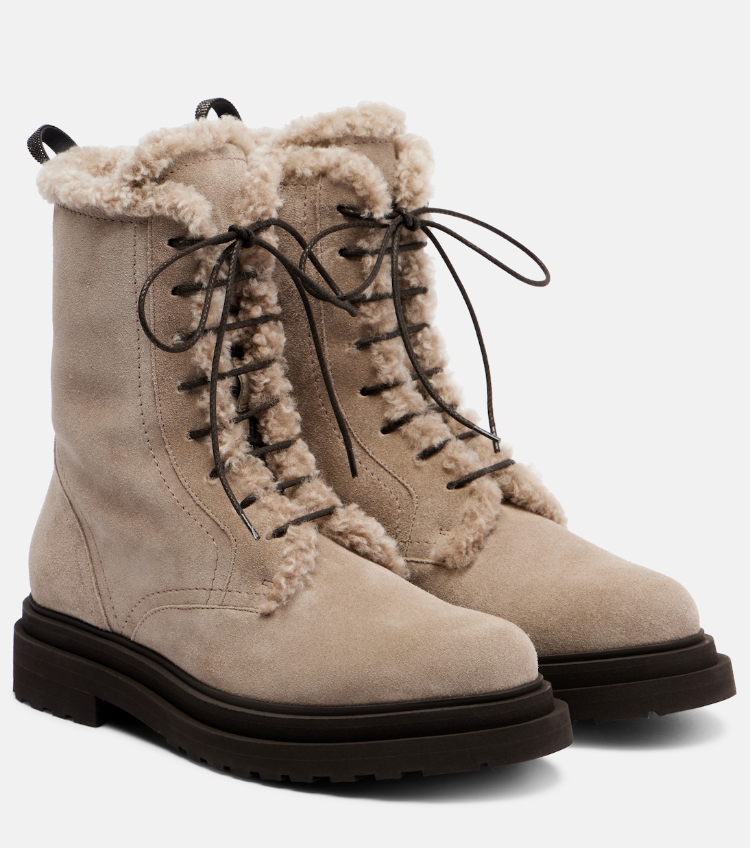 Shearling-trimmed suede combat boots | Brunello Cucinelli