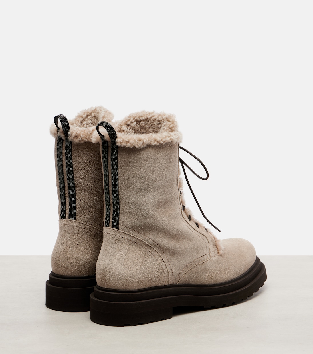 Shearling-trimmed suede combat boots | Brunello Cucinelli