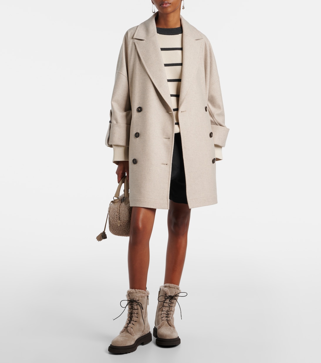 Shearling-trimmed suede combat boots | Brunello Cucinelli