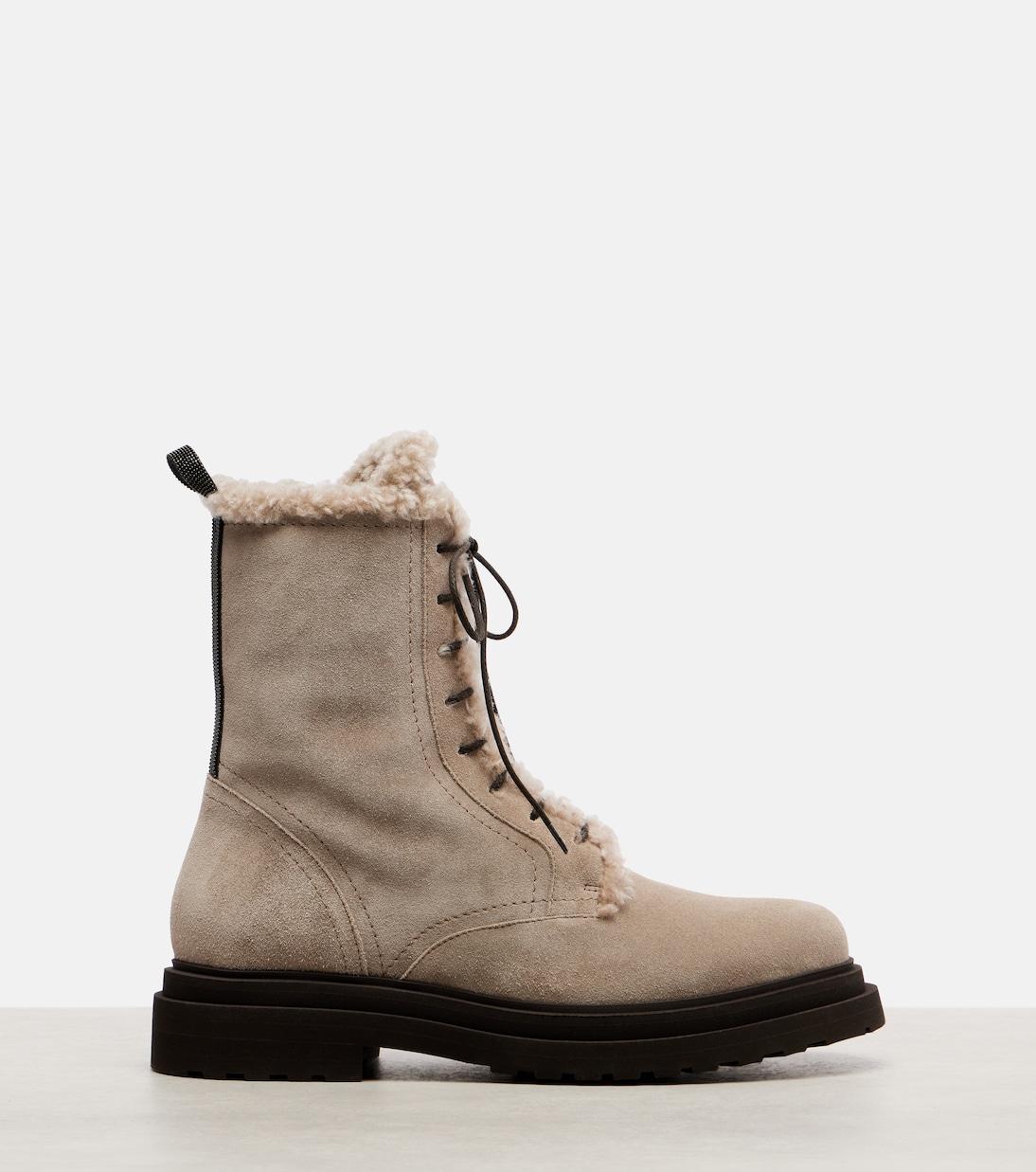 Shearling-trimmed suede combat boots | Brunello Cucinelli