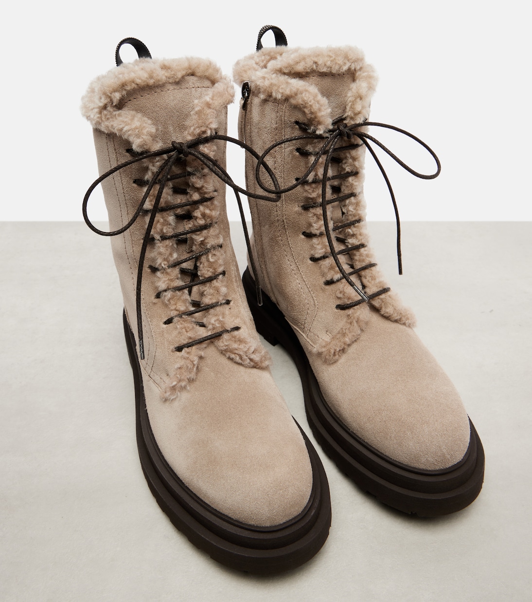 Shearling-trimmed suede combat boots | Brunello Cucinelli