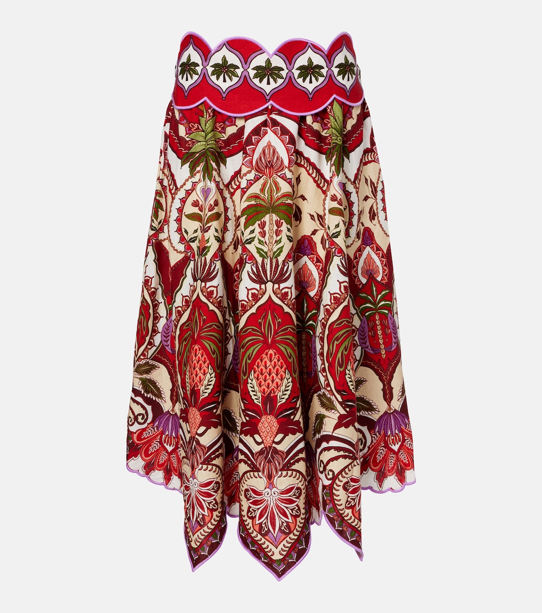 Odara Red scalloped linen-blend midi skirt | Farm Rio