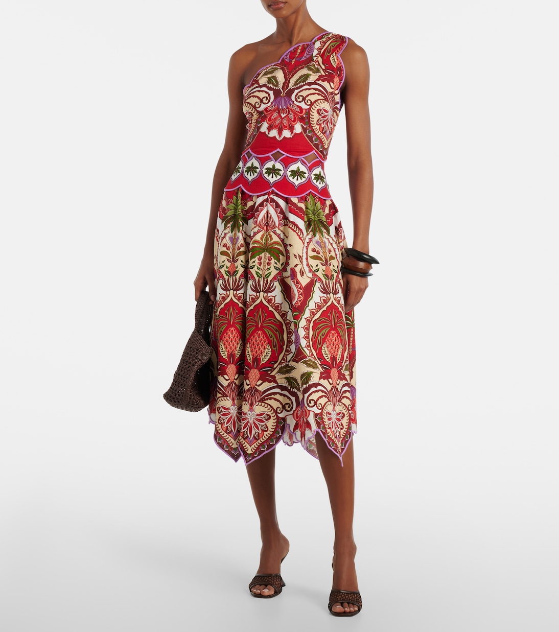 Odara Red scalloped linen-blend midi skirt | Farm Rio