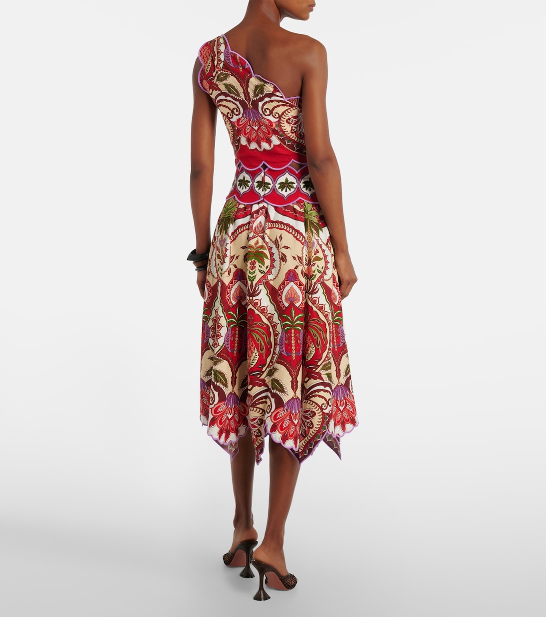 Odara Red scalloped linen-blend midi skirt | Farm Rio