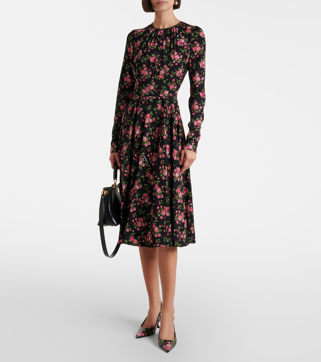 Robe midi en soie mélangée à fleurs | Dolce&Gabbana