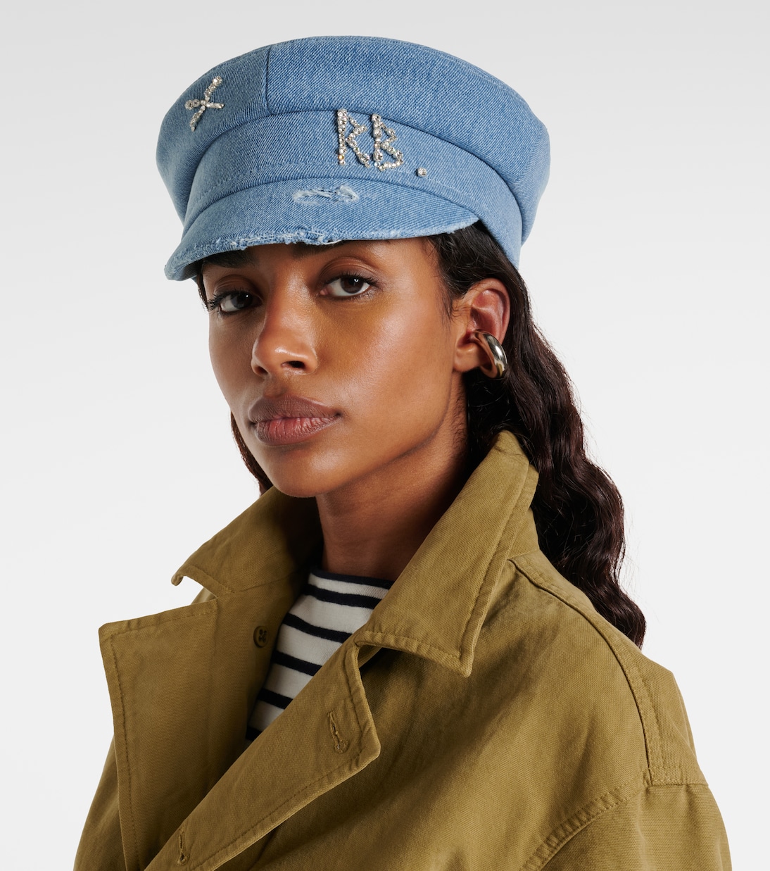 Embellished distressed denim newsboy hat | Ruslan Baginskiy