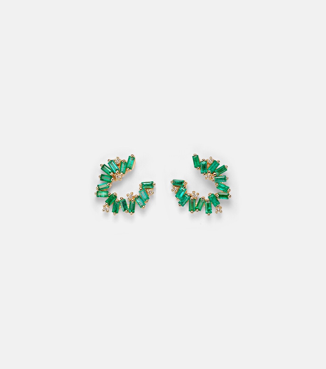Izzy Sideway Spiral 18kt gold earrings with emeralds and diamonds | Suzanne Kalan