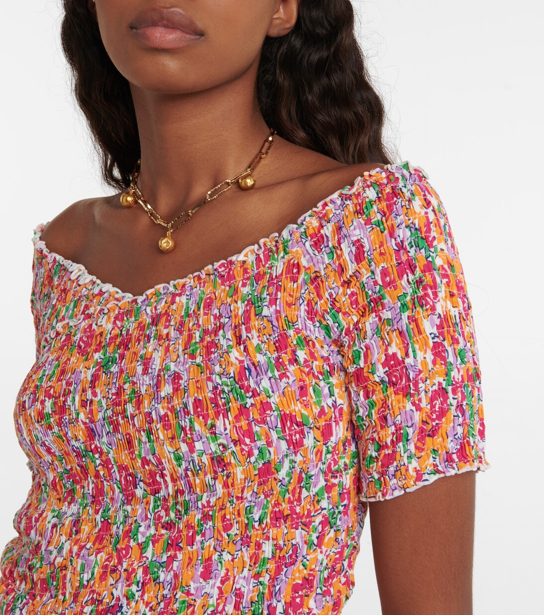 Top raccourci à fleurs et encolure bardot | Poupette St Barth