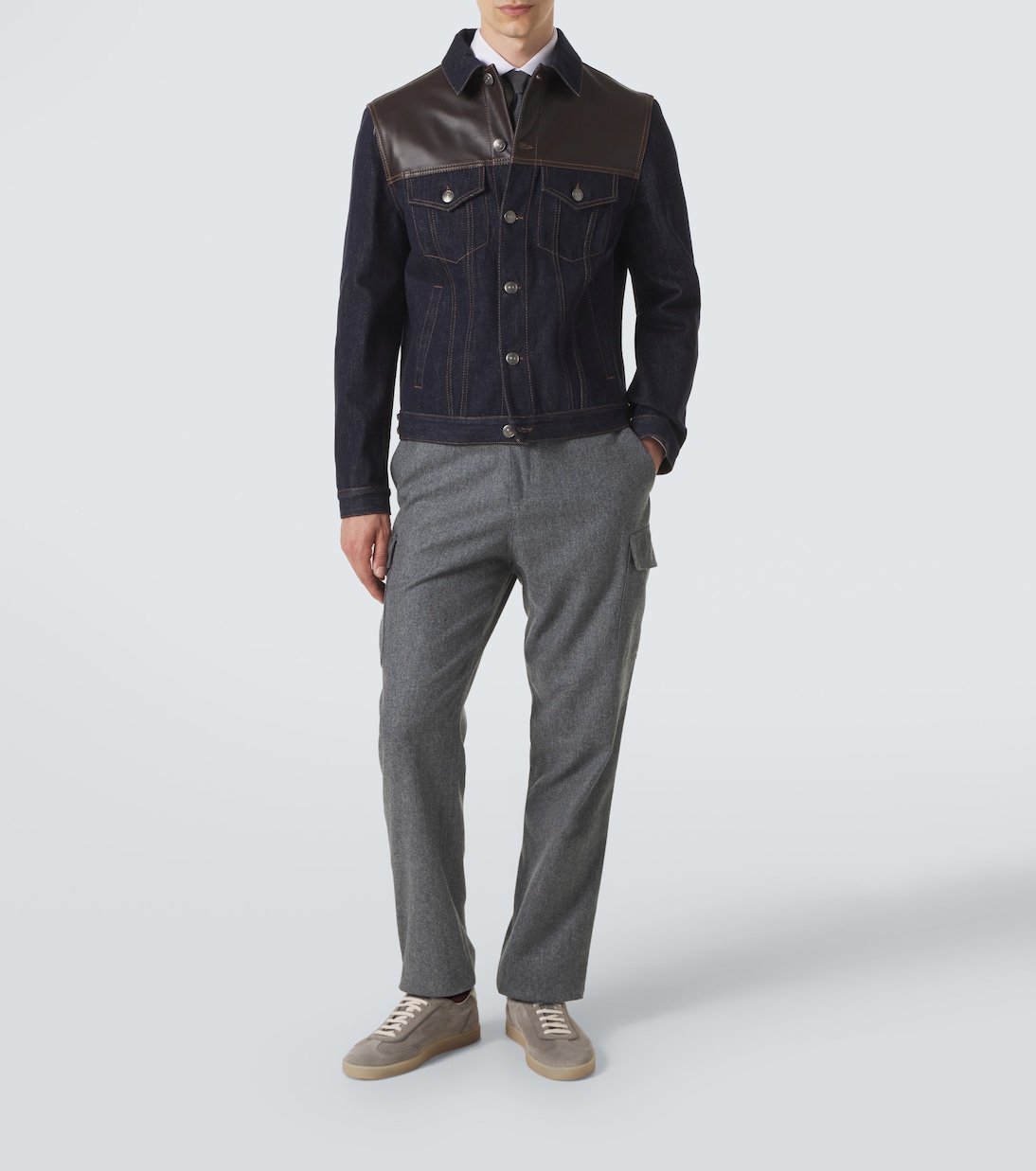 Leather-paneled denim jacket | Brunello Cucinelli