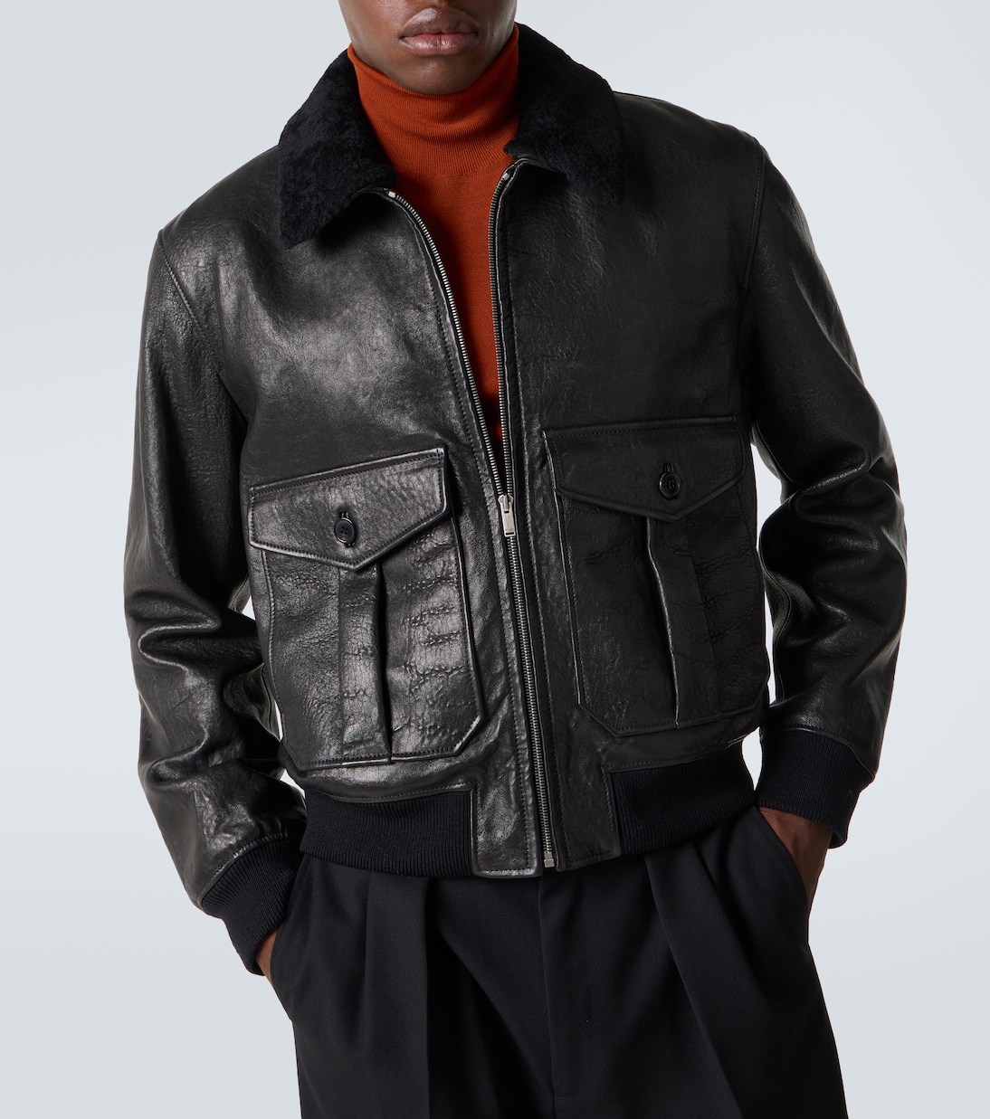 Shearling-trimmed leather bomber jacket | Saint Laurent