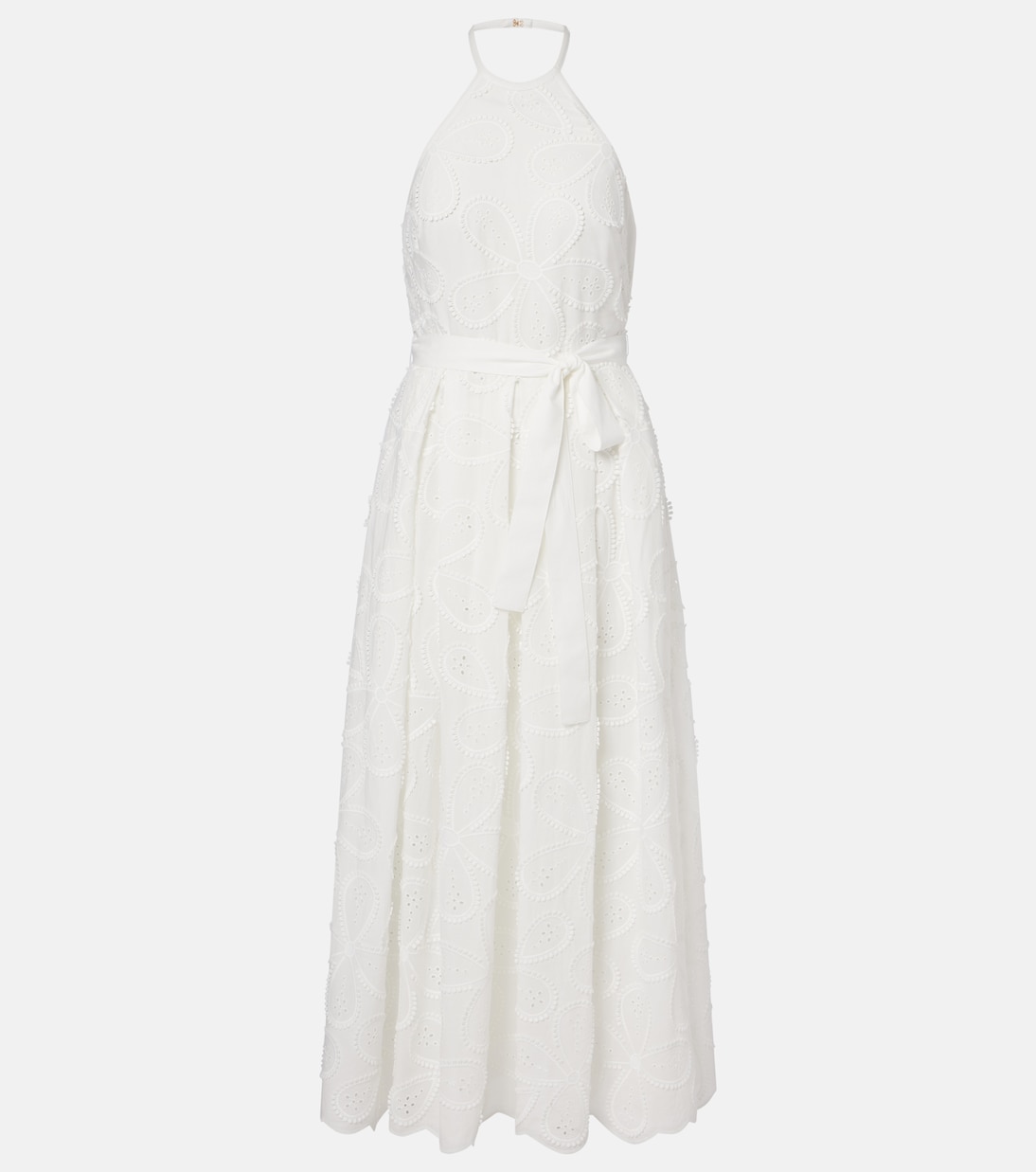 Embroidered belted cotton-blend midi dress | Elie Saab