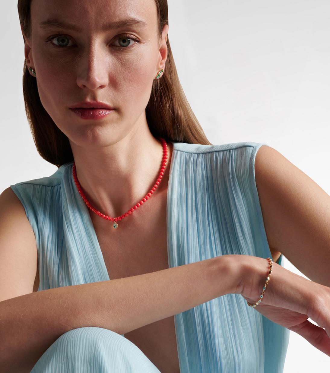 Evil Eye 14kt gold and coral beaded necklace with diamonds | Sydney Evan