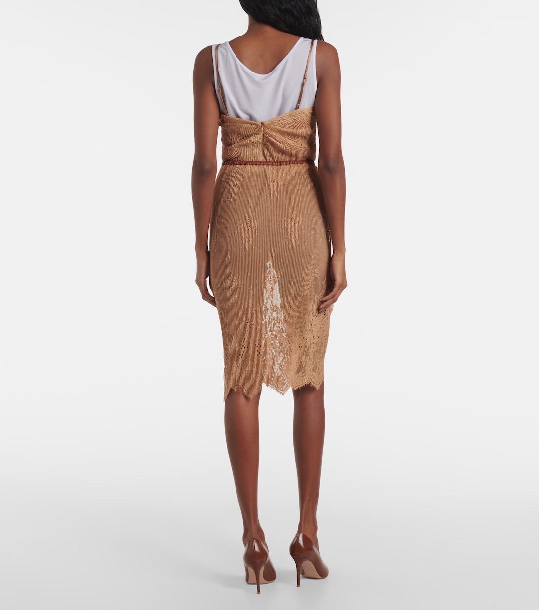 Layered leather-trimmed lace midi skirt | Jacques Wei