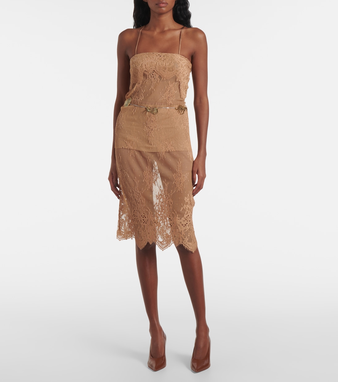 Layered leather-trimmed lace midi skirt | Jacques Wei