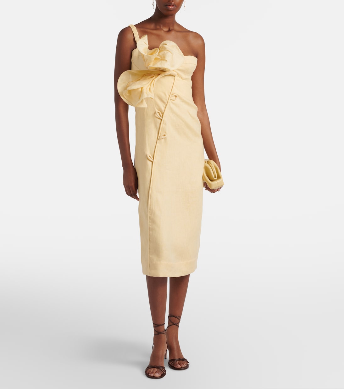 Foral-appliqué one-shoulder linen midi dress | Farm Rio