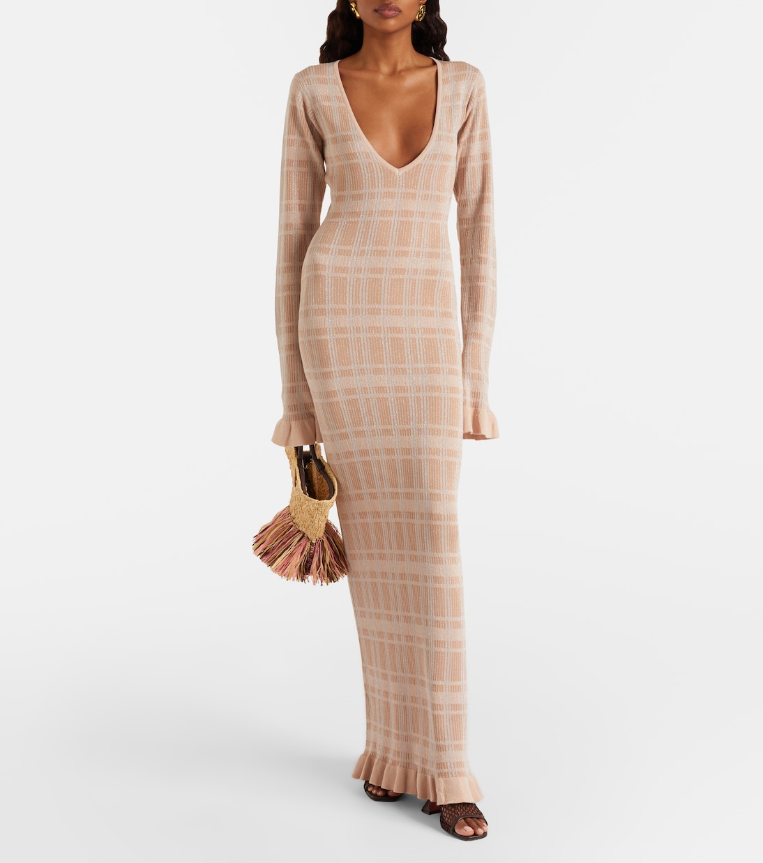 Ether checked ribbed-knit ruffled maxi dress | Bananhot