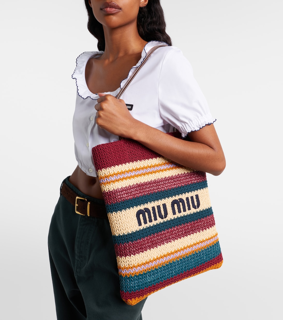 Woven raffia-effect tote bag | Miu Miu