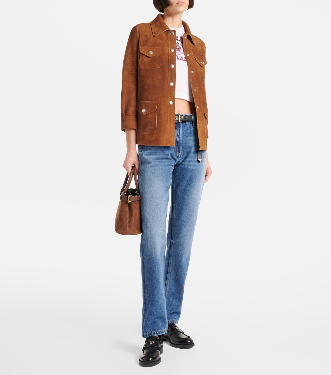 T-shirt cropped in cashmere con logo | Prada