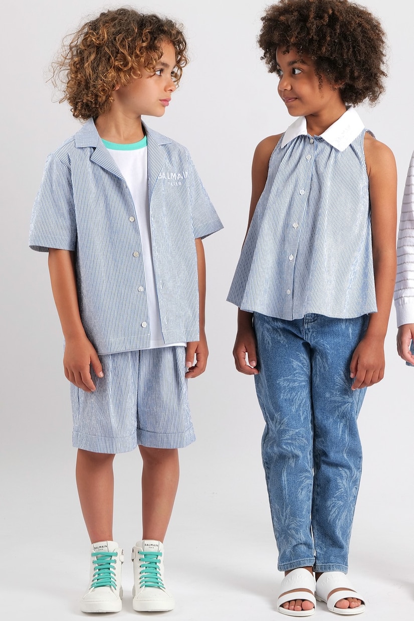 Logo pinstripe cotton-blend shirt | Balmain Kids