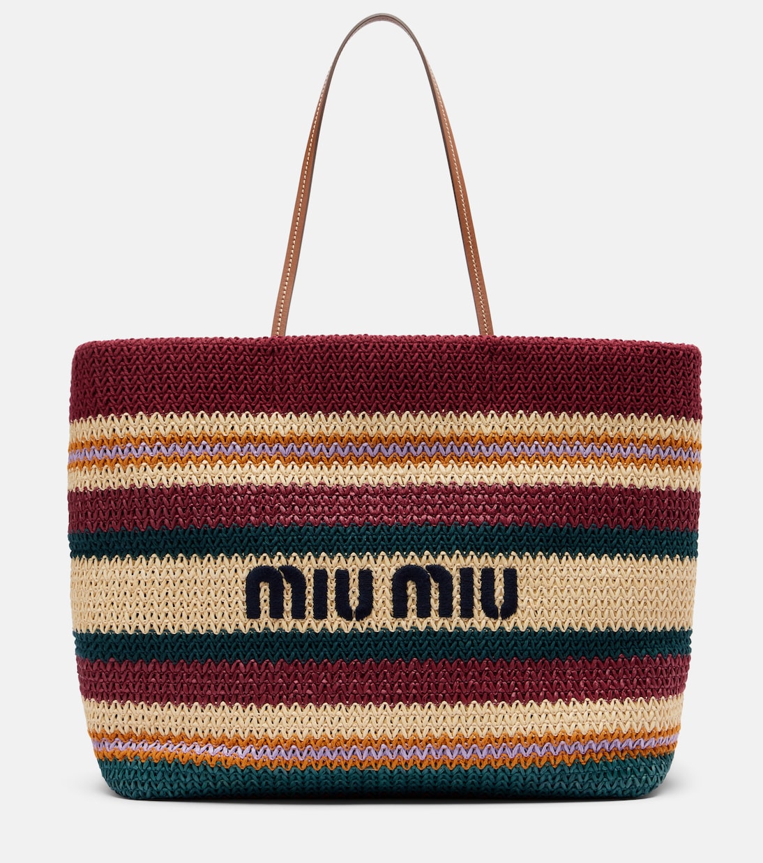 Striped woven raffia-effect tote bag | Miu Miu