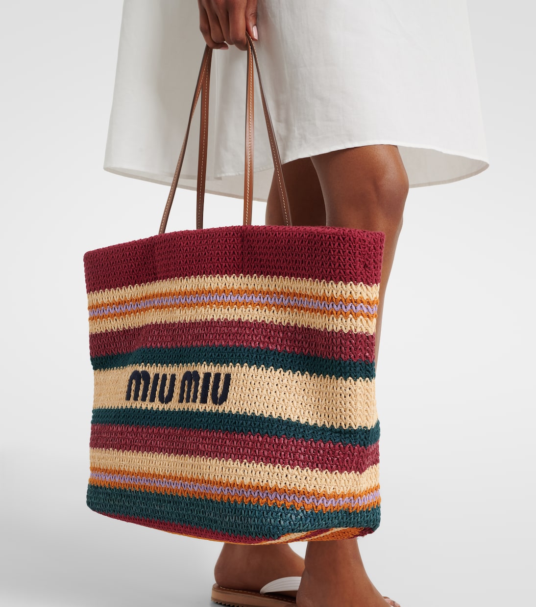 Striped woven raffia-effect tote bag | Miu Miu