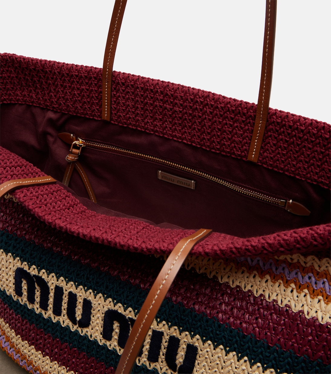 Striped woven raffia-effect tote bag | Miu Miu