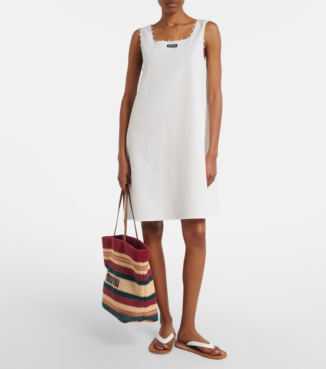 Striped woven raffia-effect tote bag | Miu Miu