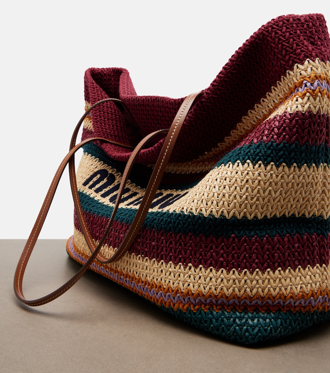 Striped woven raffia-effect tote bag | Miu Miu