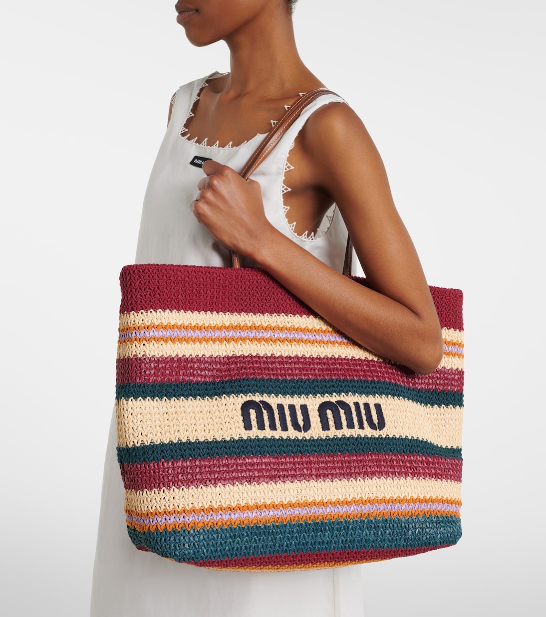Striped woven raffia-effect tote bag | Miu Miu