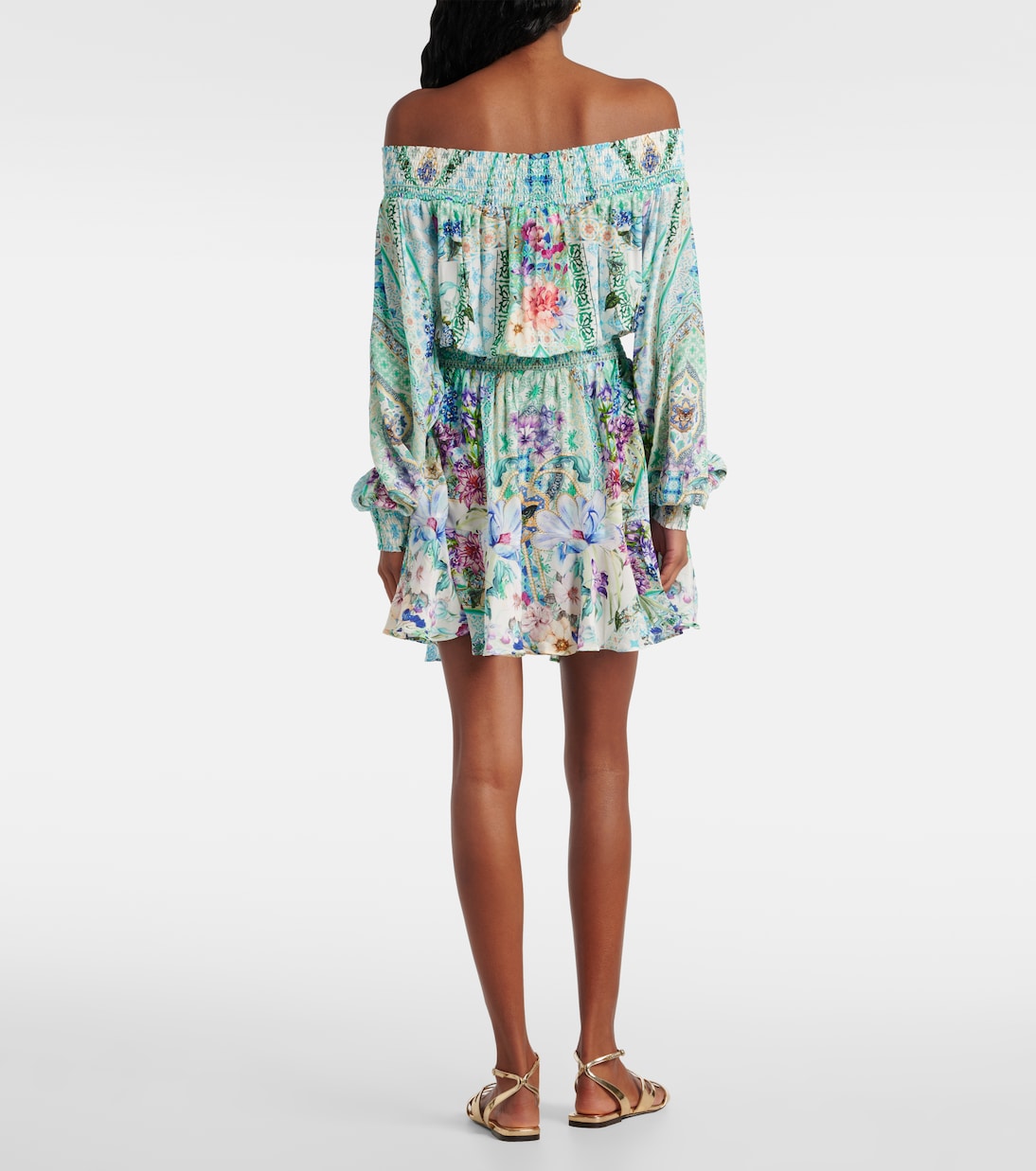 Robe imprimée en soie à encolure bardot | Camilla