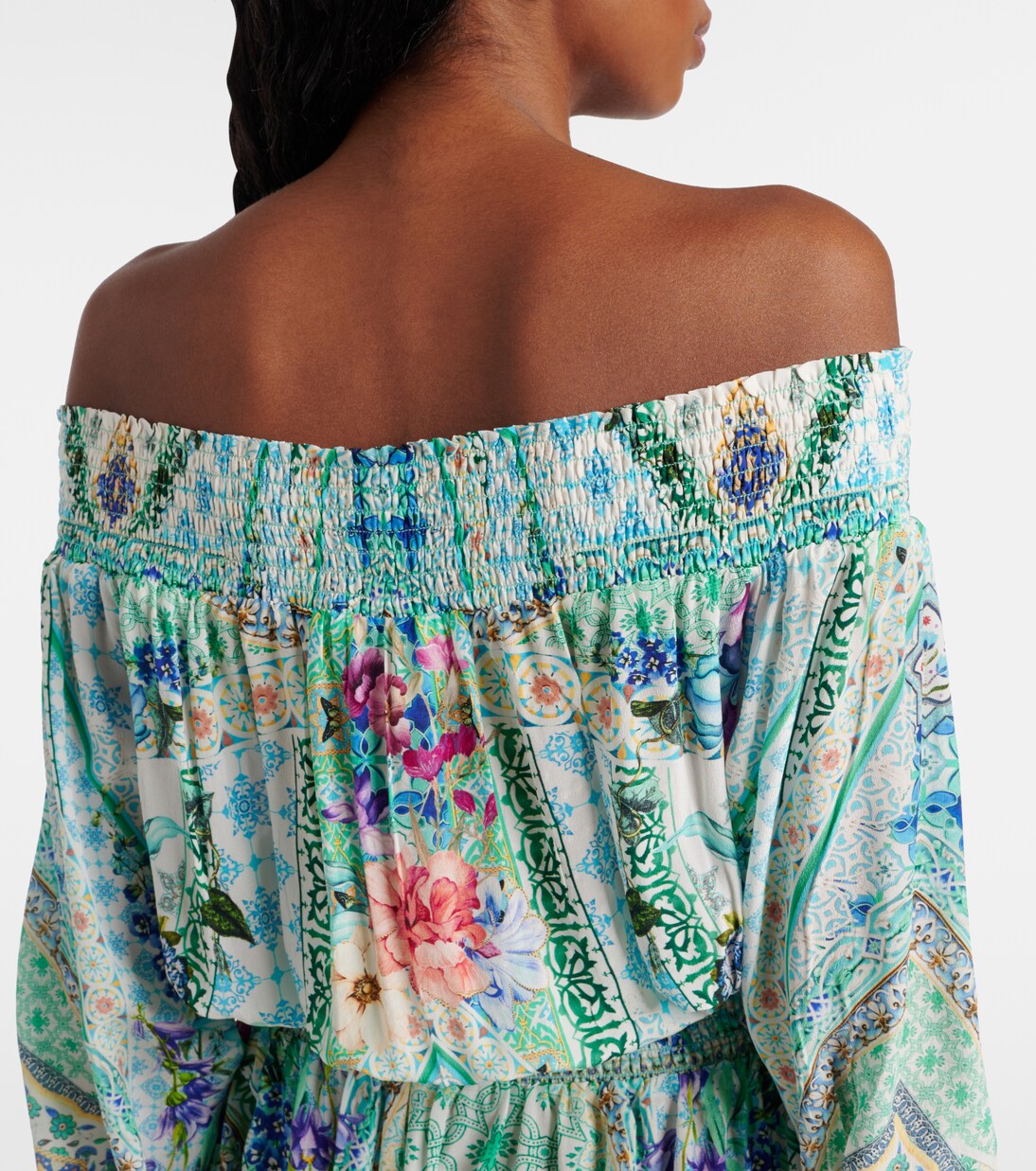 Robe imprimée en soie à encolure bardot | Camilla