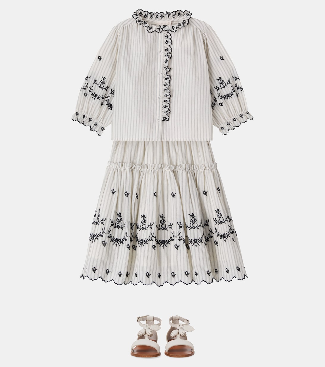 Embroidered ruffled striped cotton top | C'era Una Volta