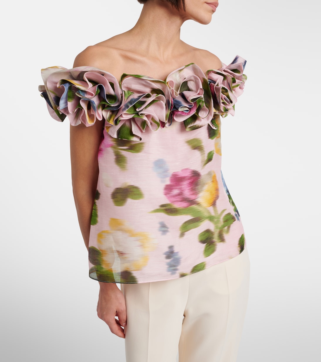 Floral off-shoulder linen and silk top | Carolina Herrera