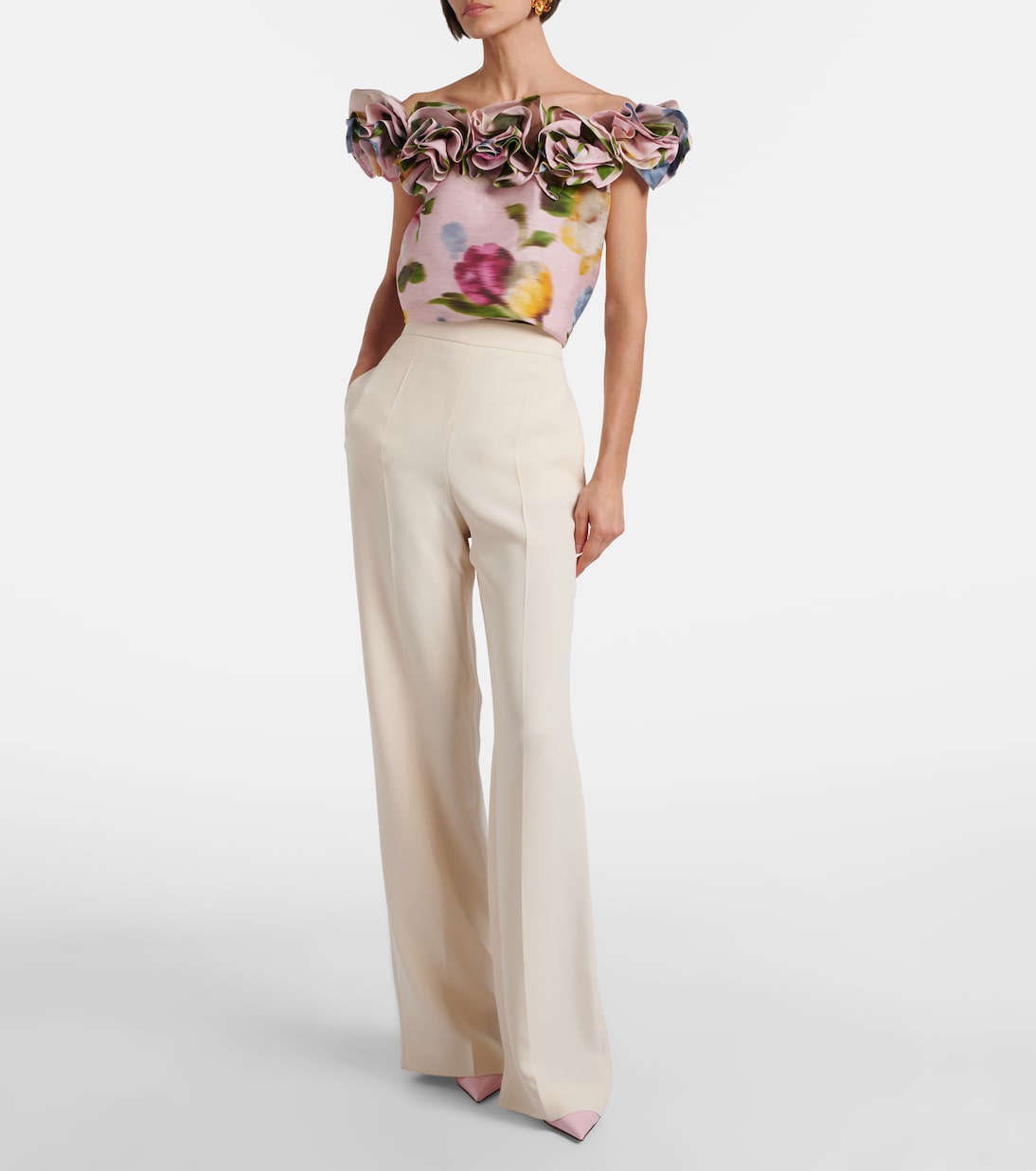 Floral off-shoulder linen and silk top | Carolina Herrera