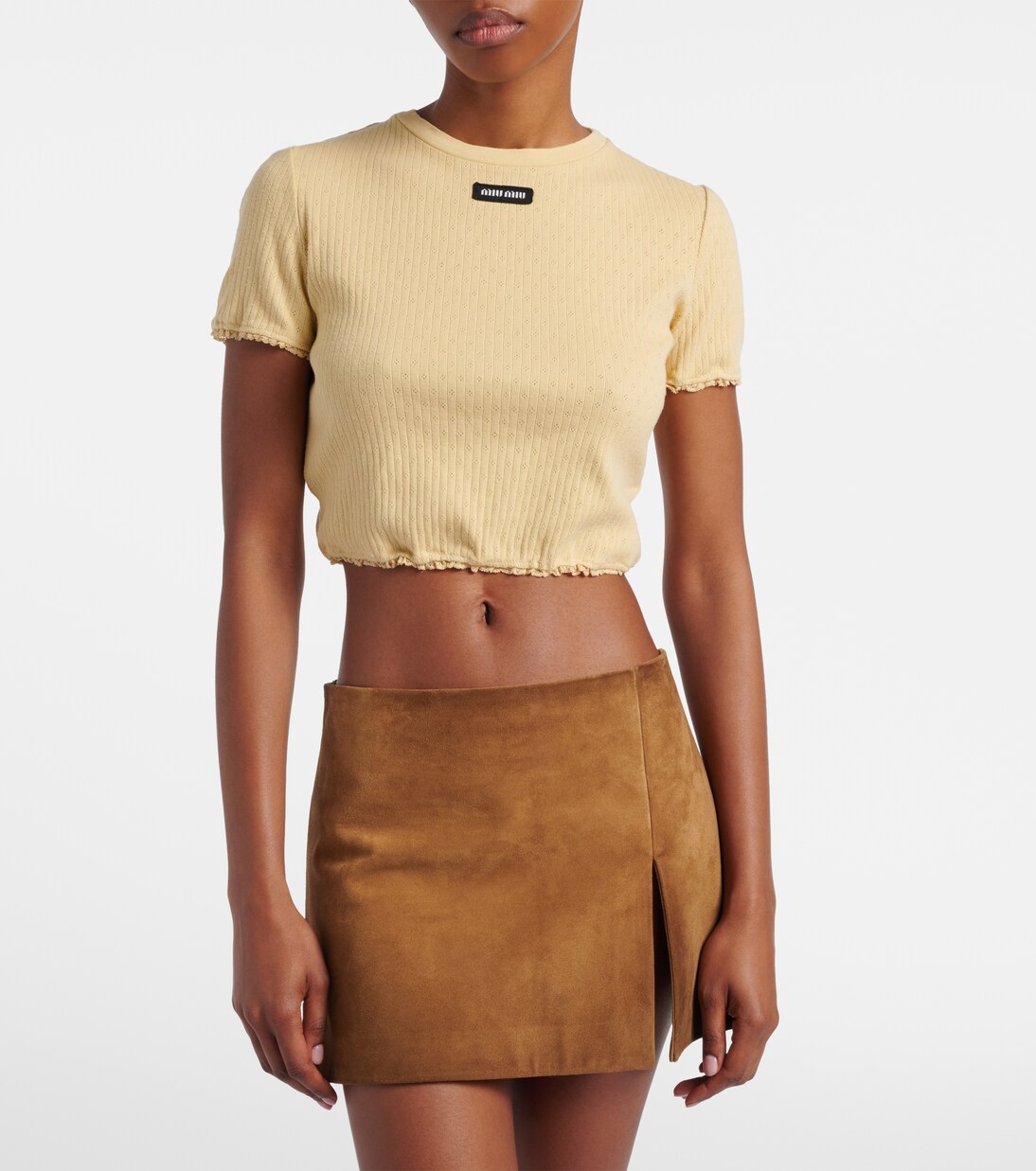 Crop top calado de algodón con encaje | Miu Miu