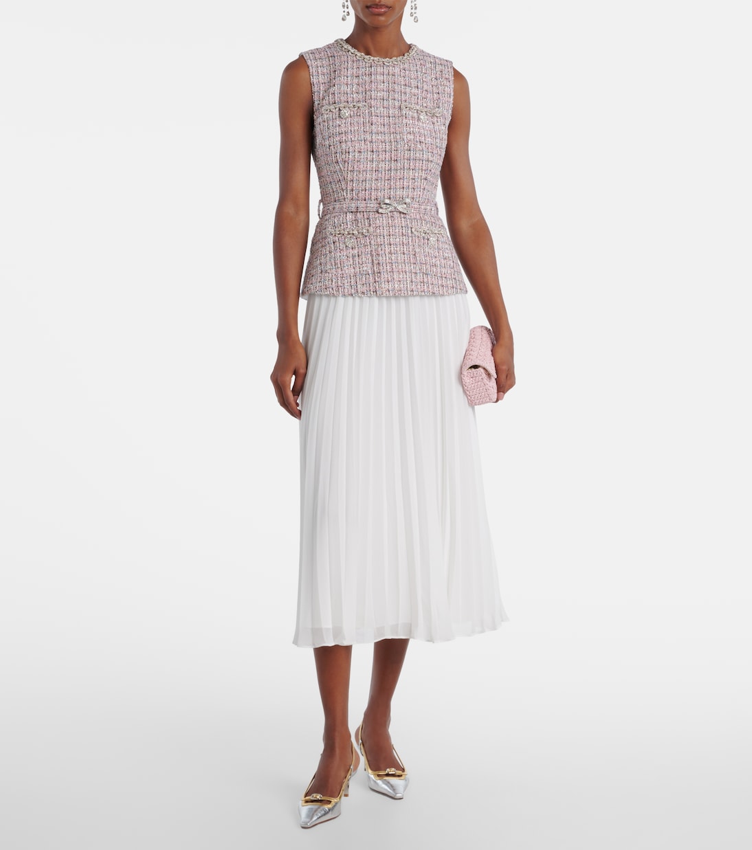 Midikleid aus Bouclé und Chiffon mit Kristallen | Self-Portrait