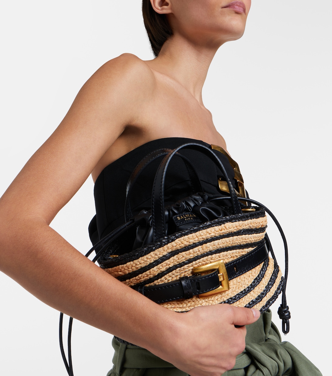 Raffia-effect striped top-handle bag | Balmain