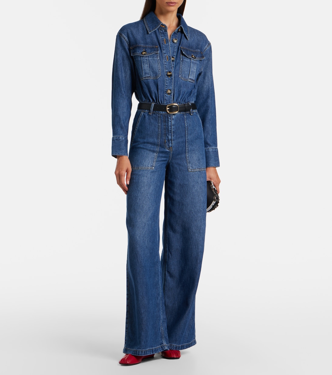 Belted denim jumpsuit | Self-Portrait