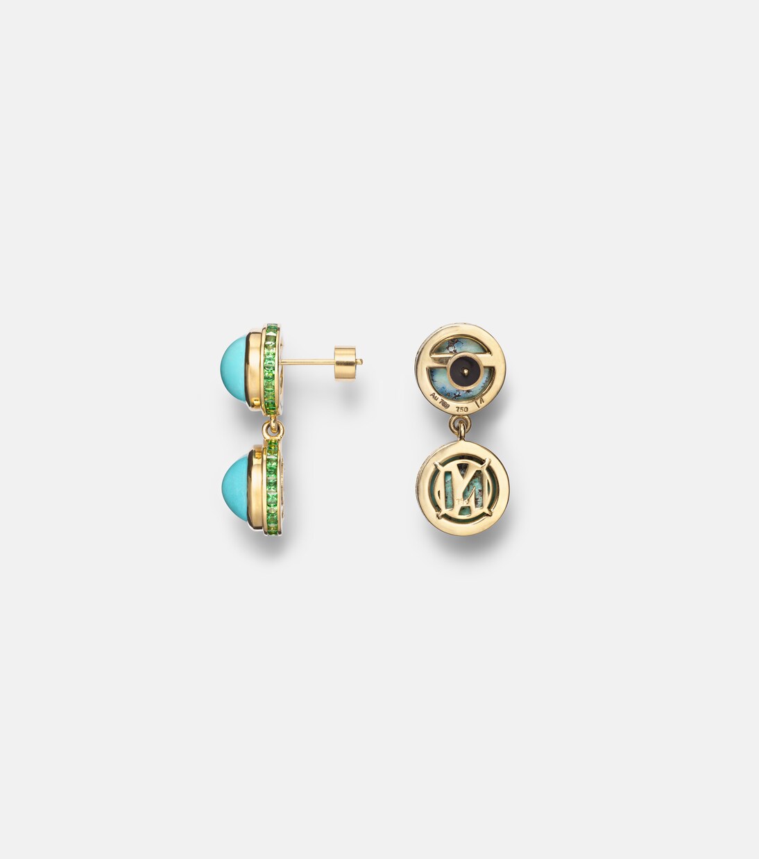 18kt gold drop earrings with turquoise and tsavorites | Ileana Makri