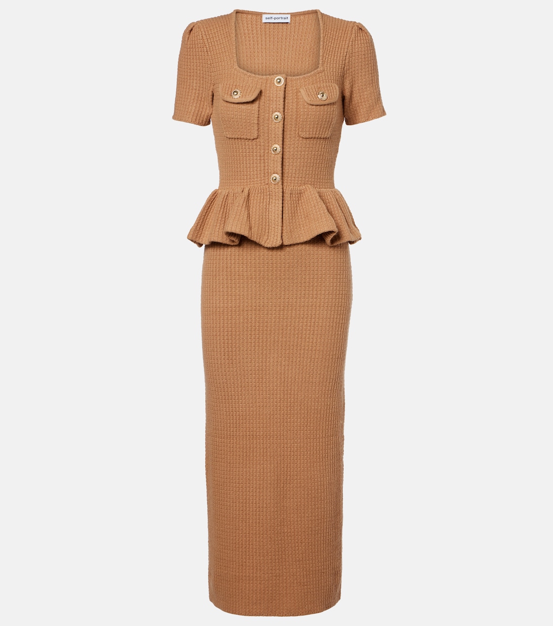 Peplum waffle-knit midi dress | Self-Portrait