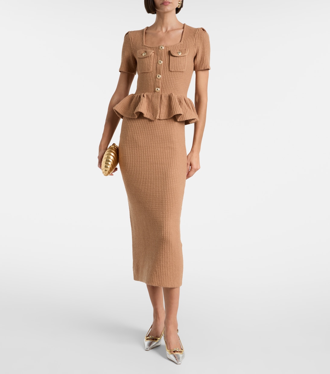 Peplum waffle-knit midi dress | Self-Portrait