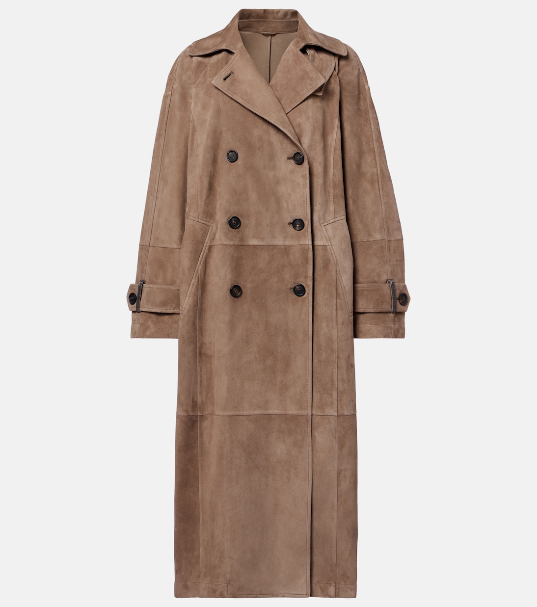 Double-breasted paneled suede coat | Brunello Cucinelli