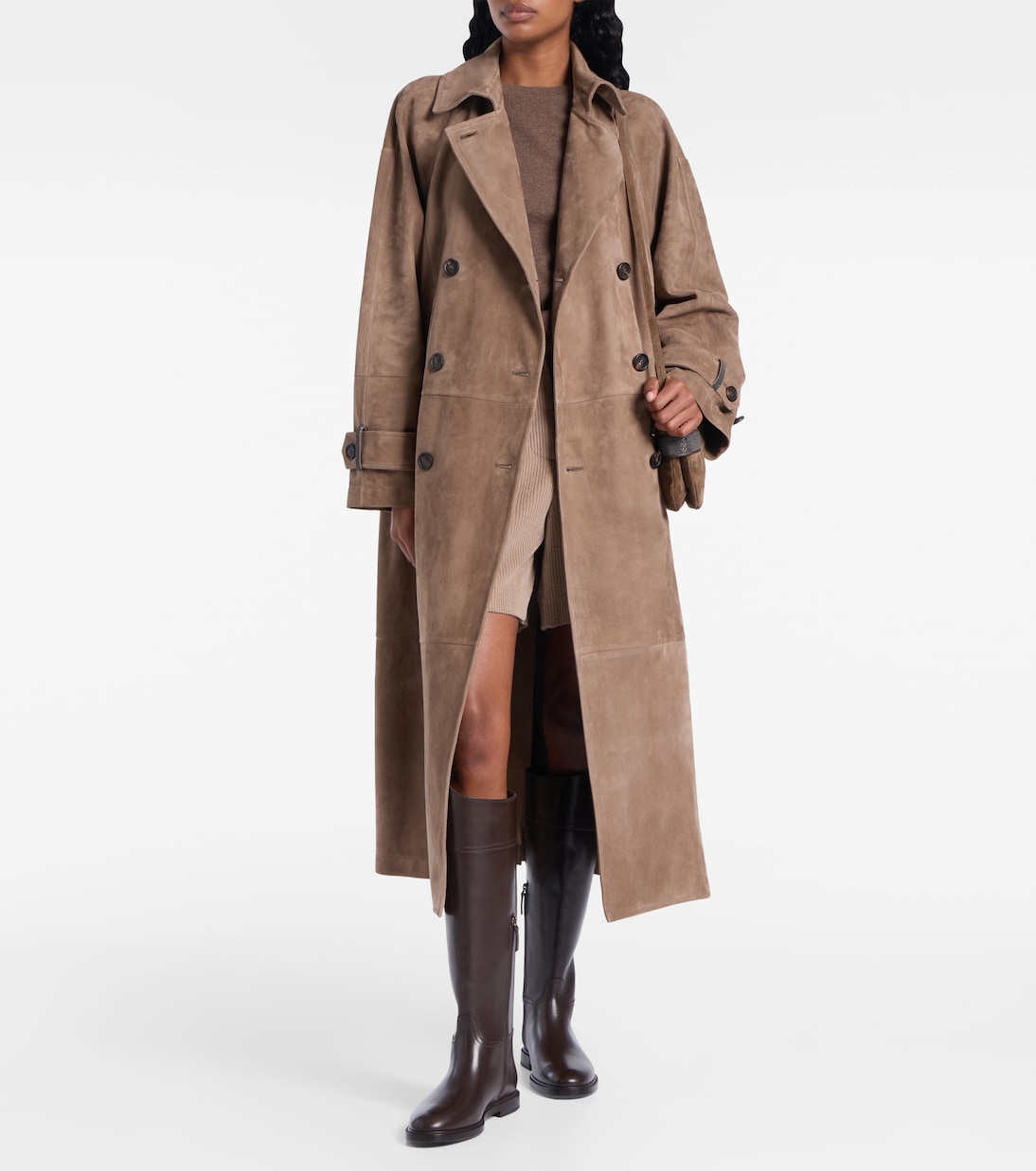 Double-breasted paneled suede coat | Brunello Cucinelli