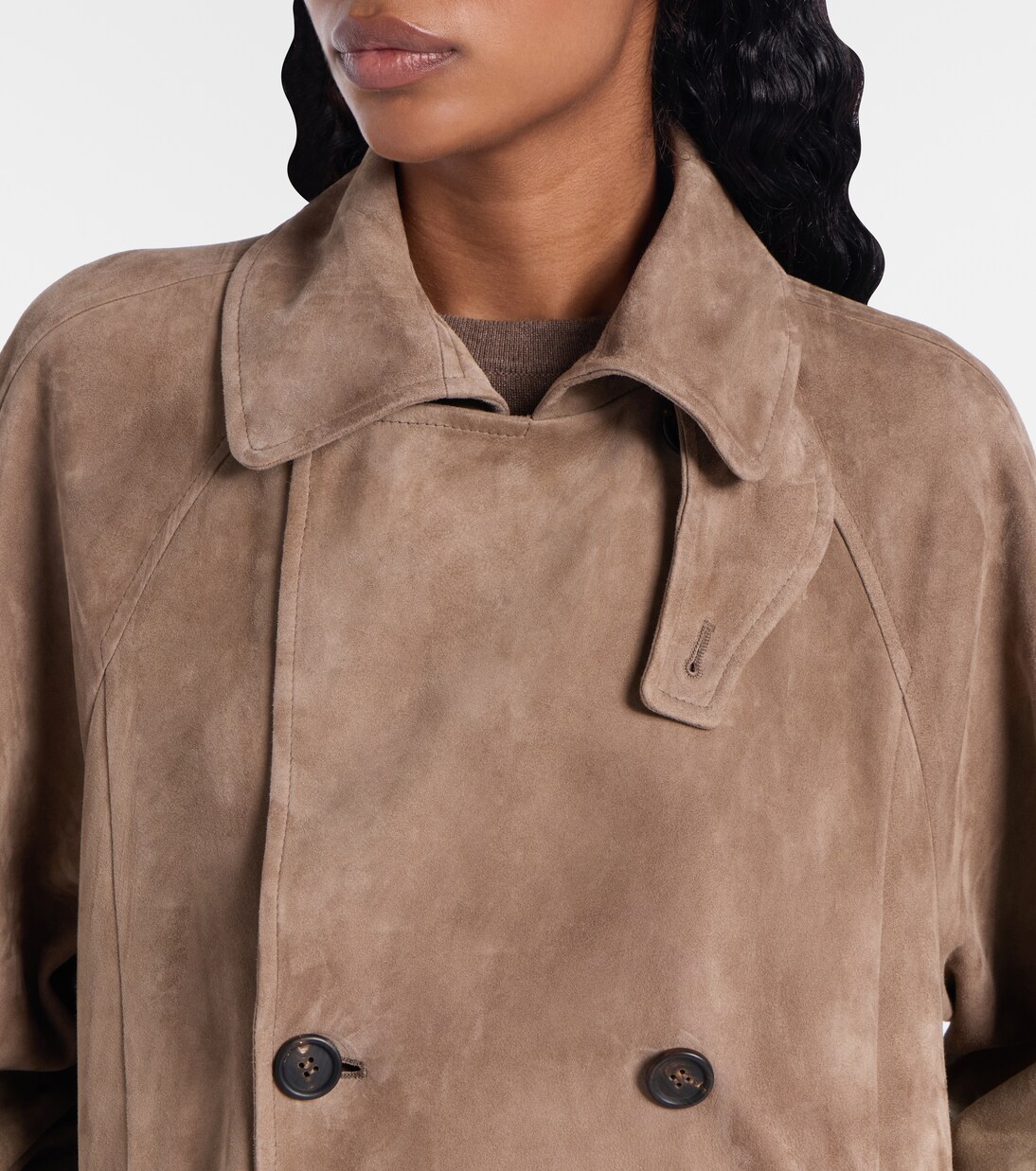 Double-breasted paneled suede coat | Brunello Cucinelli