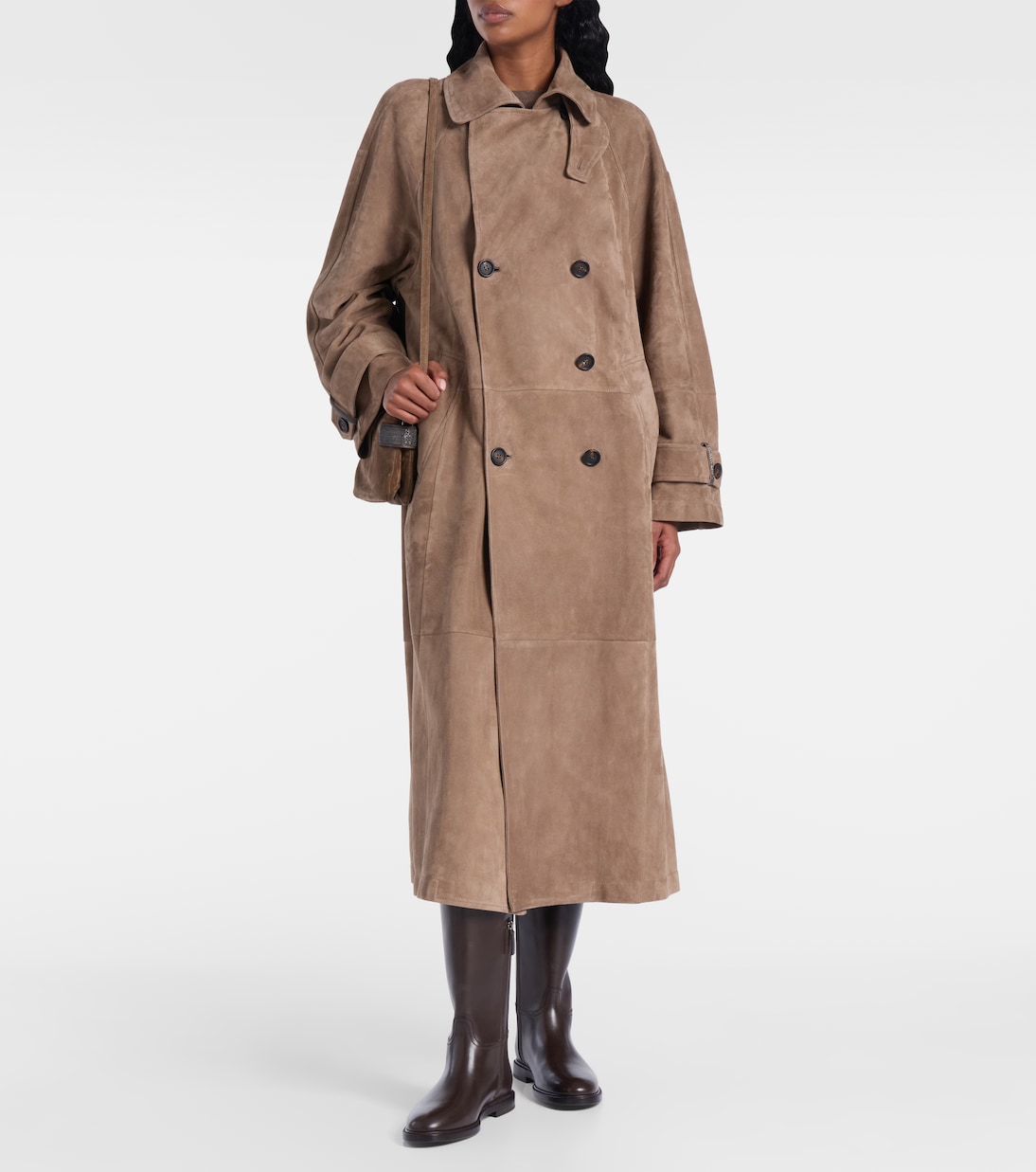 Double-breasted paneled suede coat | Brunello Cucinelli