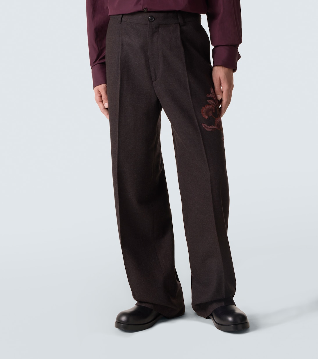 Embroidered wool flannel straight pants | Dries Van Noten