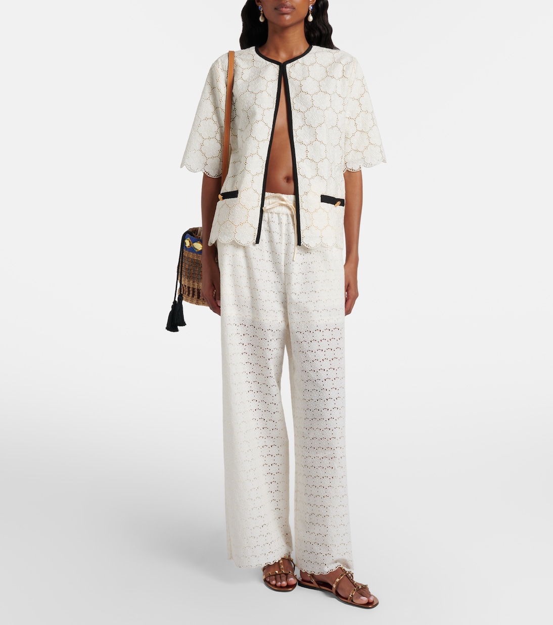 Broderie anglaise cotton wide-leg pants | Valentino
